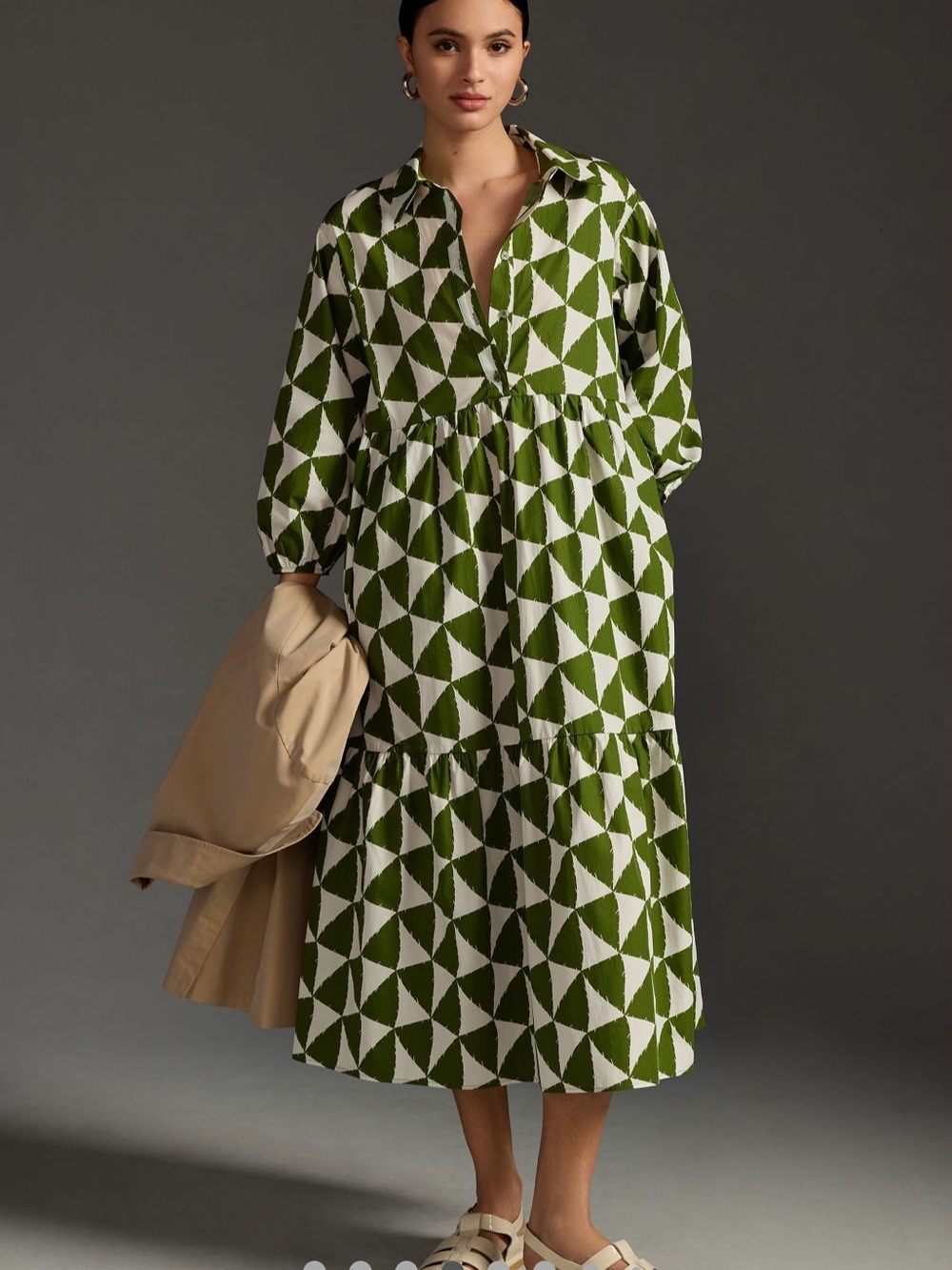Green Geometric Tiered Shirt Dress - Women